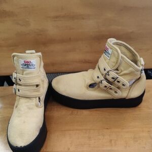 Vintage Levi's Platform 2 Buckle/Velcro  Mustard Open Ankle Canvas Boots Size 38
